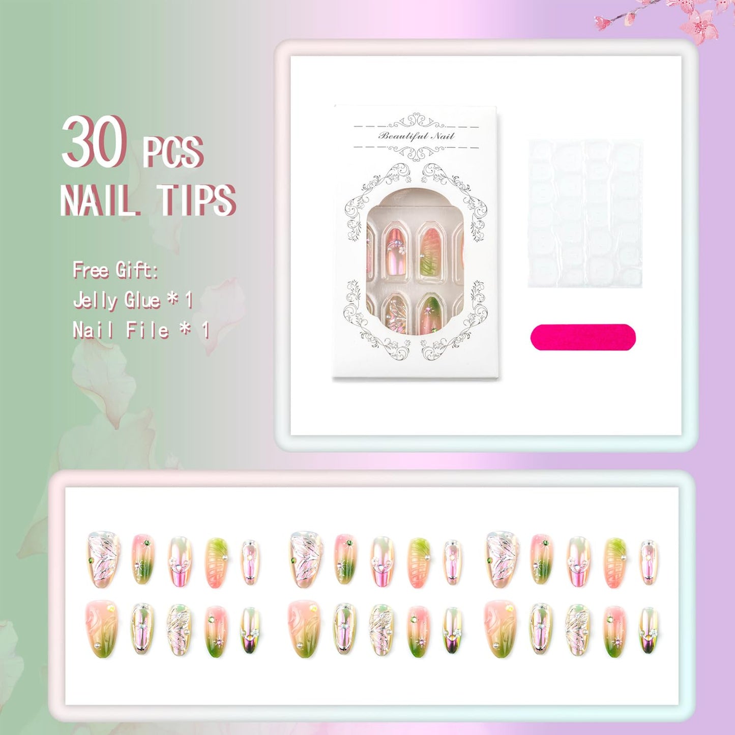 30Pcs Pink Green Smudge Press on Nails Medium Almond French Tip Fake Nails with 3D Rhinestone Design Butterfly Flower False Nails Glitter Full Cover Star Chrome Silver Acrylic Stick on Nails for Women