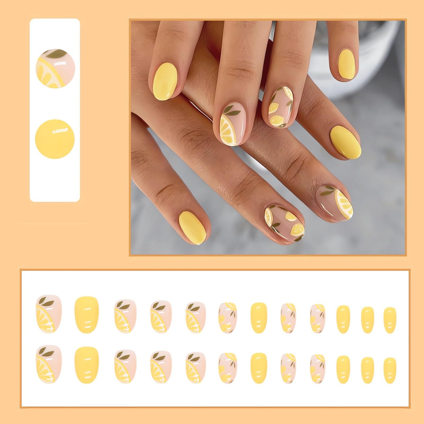 IMSOHOT Yellow Oval Press on Nails Summer Short French Tip Fake Nails Cute Lemon Pattern False Nails with Designs Glossy Full Cover Round Acrylic Nails for Women Girls 24Pcs