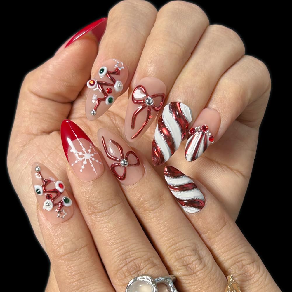 MAGLFELL Press On Nails - Handmade Almond short Nails, Painting French 3D Stars Art Design press ons, Reusable Artificial False Nails for Women 10 Pcs Acrylic Nails Kits (Size M)