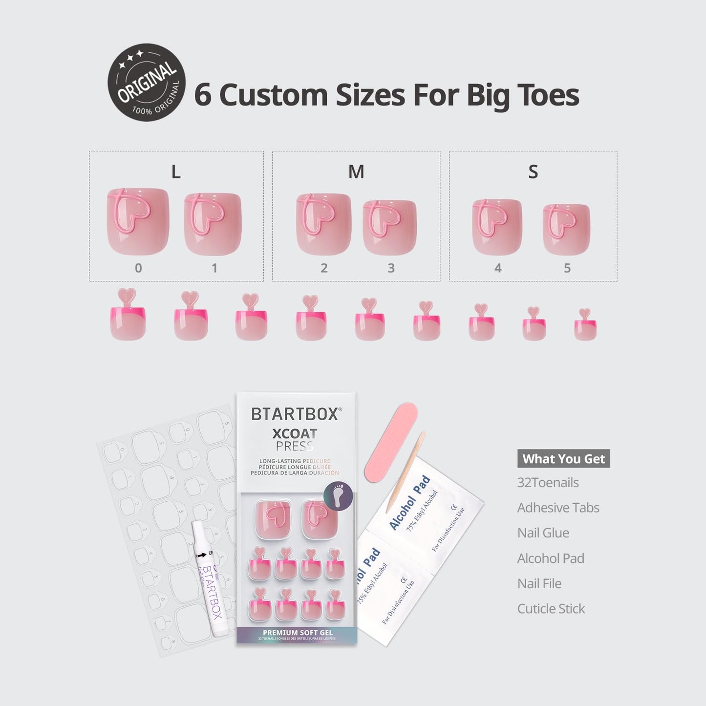 BTArtbox Press On Toenails - Soft Romance, Lamp-Curable 4-Week Wear Hot Pink French Tip Square Toe Nail Press Ons with Glue and Adhesive Tabs, Easy-to-Apply in 15 Sizes - 30 Toenails All-in-One Kit