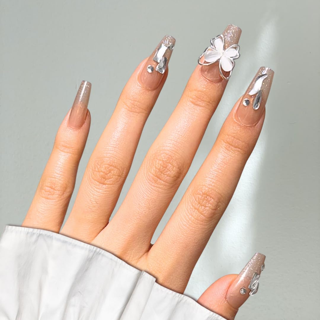 Votrenaeil Press On Nails - Moonlit Wings | No Glue Long Coffin Nude Glitter Nails with 3D Butterfly for Wedding - 24 Pcs Nail Kit with Adhesive Tabs