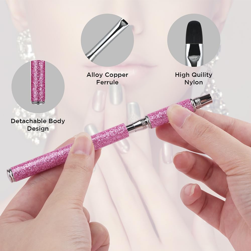 YIHUALE 5 PCS Nail Art Brush Set, Nylon Bristles and Alloy Handle, French Clean-Up, Detail Liner, Builder & Gel Brushes for Salon Home DIY Use (Pink)