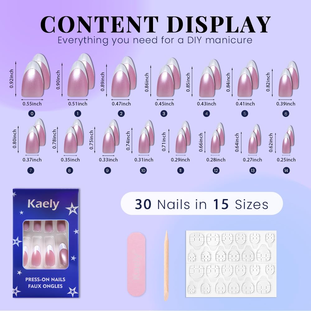 evpct Pink Cat Eye French Tip Press on Nails Almond Medium No Glue, White French Tip Medium Almond Holographic Stick on Nails for Women, Reusable Full Cover Soft Press on Nail Perfectly with Design