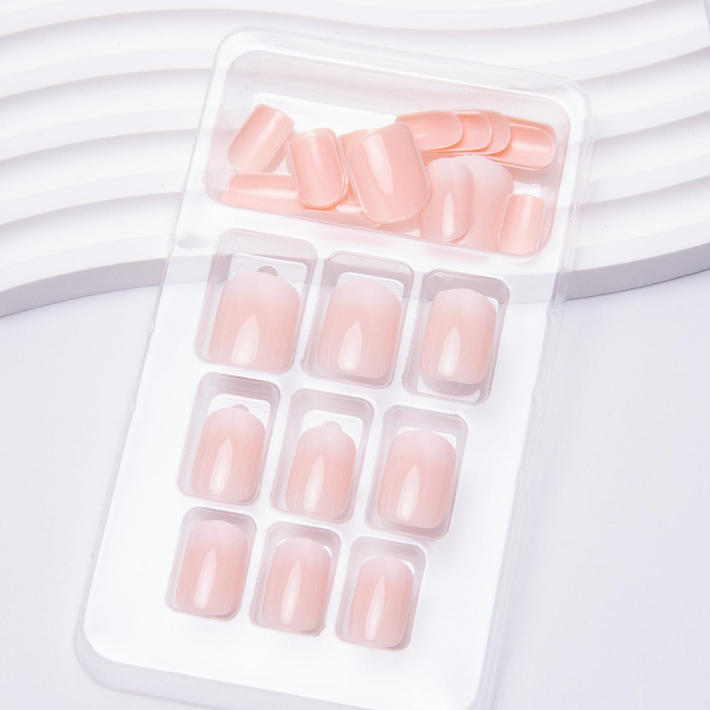 24Pcs Nude Press on Nails Short Square Acrylic Fake Ombre Glossy Gradation False Nature Stick on Full Cover Glue on for Women Girls Decoration