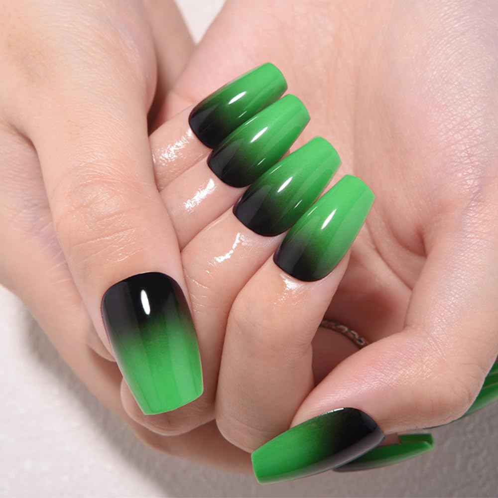 evpct Ombre Green to Black Press on Nails Short Coffin, Short Coffin Glossy Stick on Nail for Women Gift with Manicure Kit, Reusable Soft Gel Stick on Fake Nail with Glitter Designs Perfectly Fit