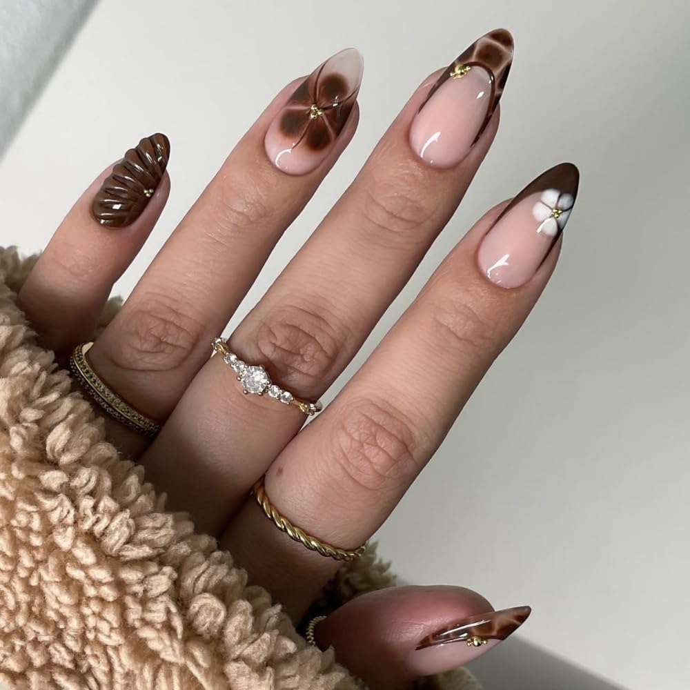 French Tips Press on Nails Medium Almond Nails Press on with 5D Rhinestones Flower Design Glossy Brown Leopard Glue on Nails Tortoise Shell Fake Nail Water Ripple Fall Winter Nail for Women 24Pcs