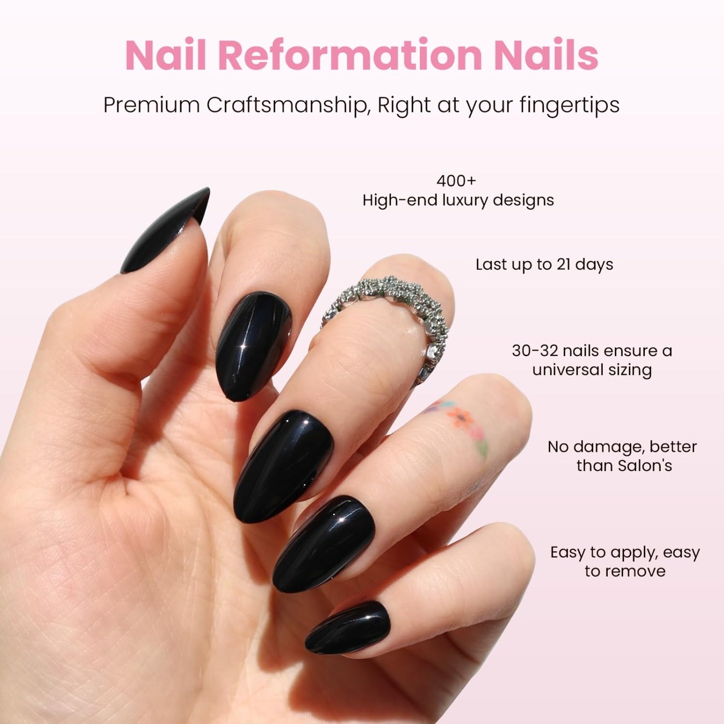 Nail Reformation Press On Nails, Classic Noir | Black Short Almond Fake Nails in Glossy Finish, Salon Quality, Natural Reusable Stick On Nails in 16 Sizes - 32 Nail Kit with Glue, Gifts for Women
