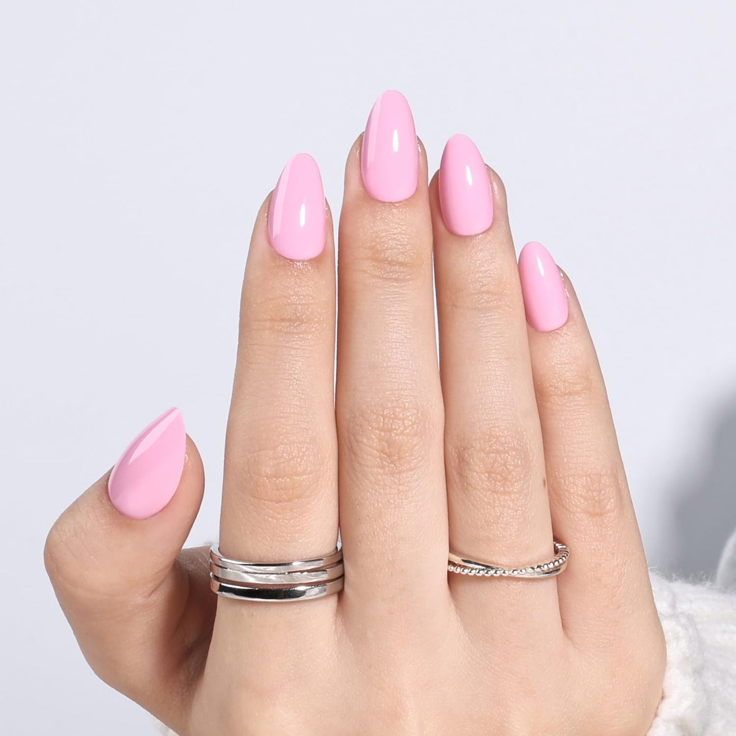Leefrei Pink Press on Nails - Short Almond Glossy Baby Pink Nails, Soft Milky Pink Reusable Fake Nails Press ons for Women, 32 pcs in 16 Sizes False Nails Kit with Glue, Baby Pink