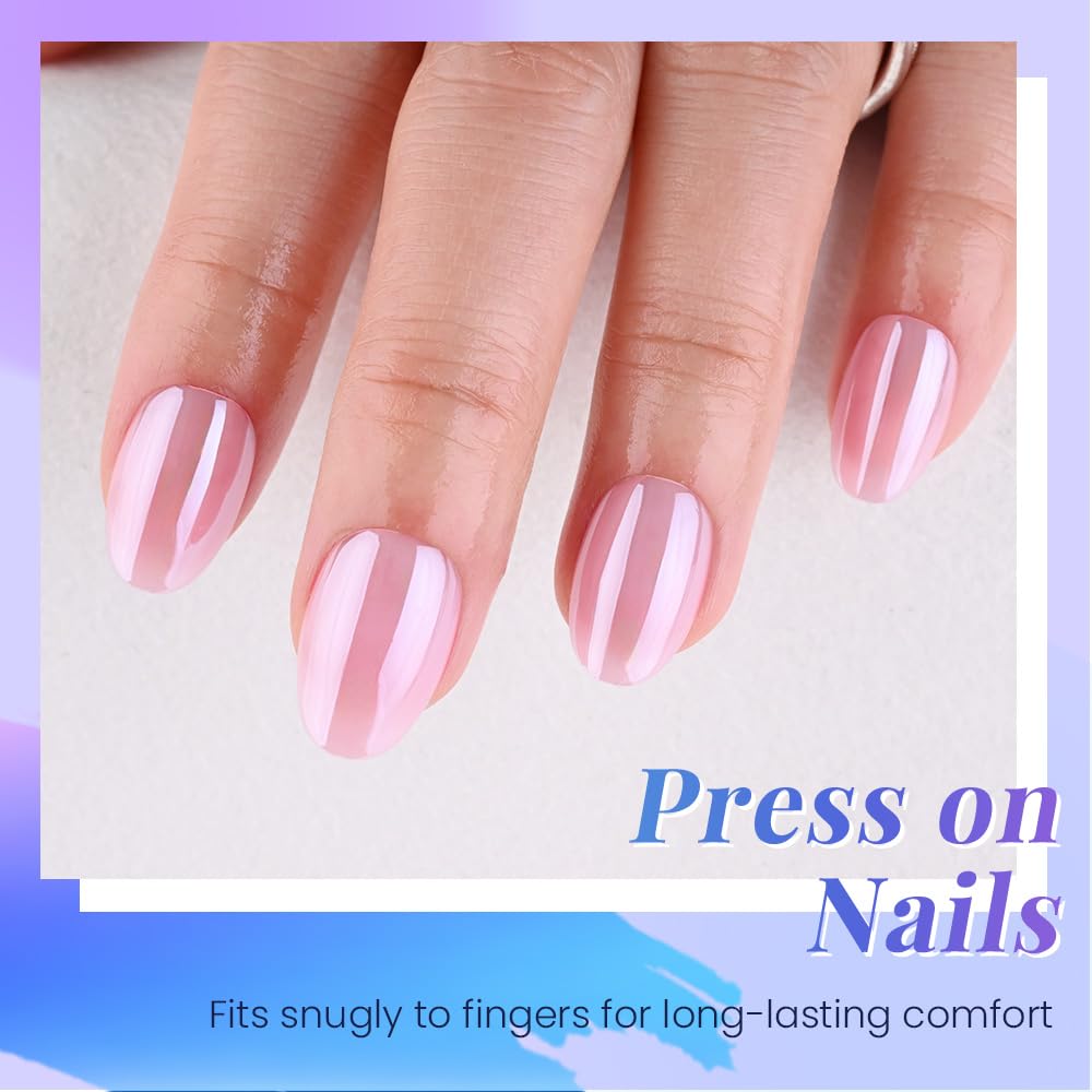 evpct Nude Pink Glazed Press on Nails Short Oval, Short Oval Chrome Metallic Aurora Stick on Nail for Women, Reusable Full Cover Soft Press on Fake Nail Perfectly Fit with Glazed Design Salon Quality