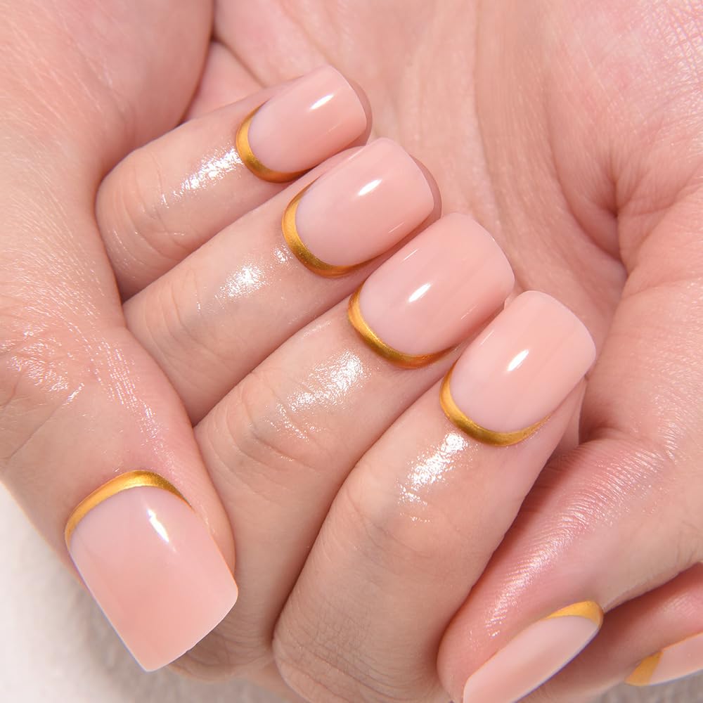 evpct Nude Glossy Press on Nails Short Square with 3D Gold Line, Glossy Ndue Fake Nails Reusable Acrylic False Nail Stick on Press ons for Women Gifts, Perfectly Fit False Nail Kit Gel 30Pcs