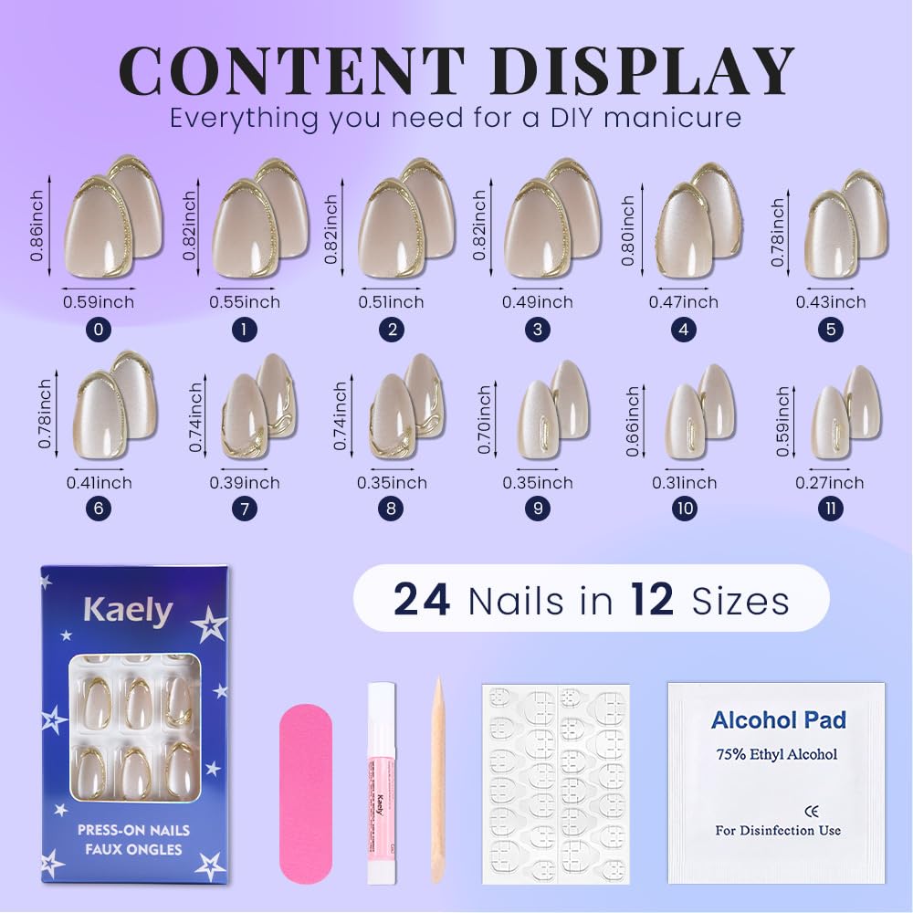 evpct Nude Cat Eye Press on Nails Short Almond with Gold Liner Design, Gold French Tip Stick on Nail for Women Gift with Kit, Reusable Full Cover Soft Gel Press on Fake Nail with Cat Eye Design