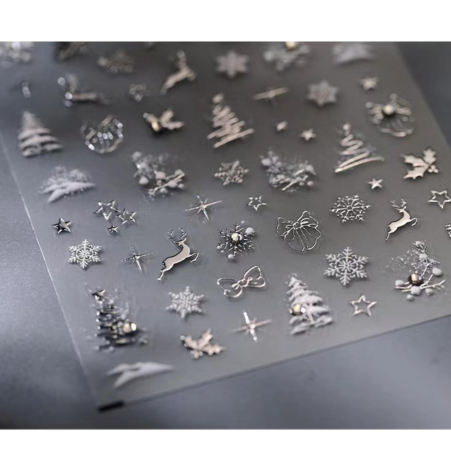 Christmas Nail Art Stickers 5D Embossed Silver Elk Nail Stickers Self-Adhesive Rhinestone Snowflake Bow Xmas Tree Star Elk Nail Decals for Women Girls Winter Holiday Manicure DIY Nail Supplies