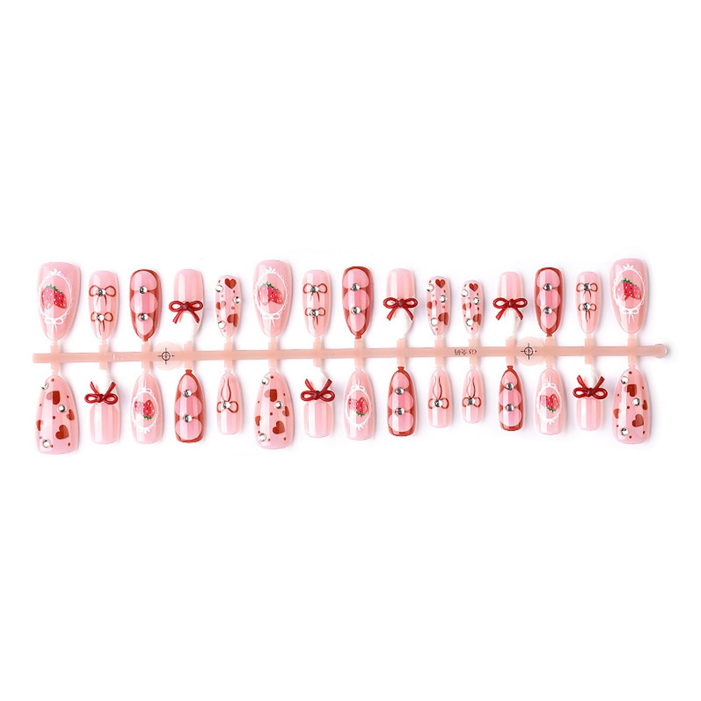 30Pcs Red Heart French Tip Press on Nails Valentine's Sweet Strawberry Medium Almond Fake Nails with 3D Rhinestones Design French Nails Handmade Romantic Bow Stick on Nails for Women