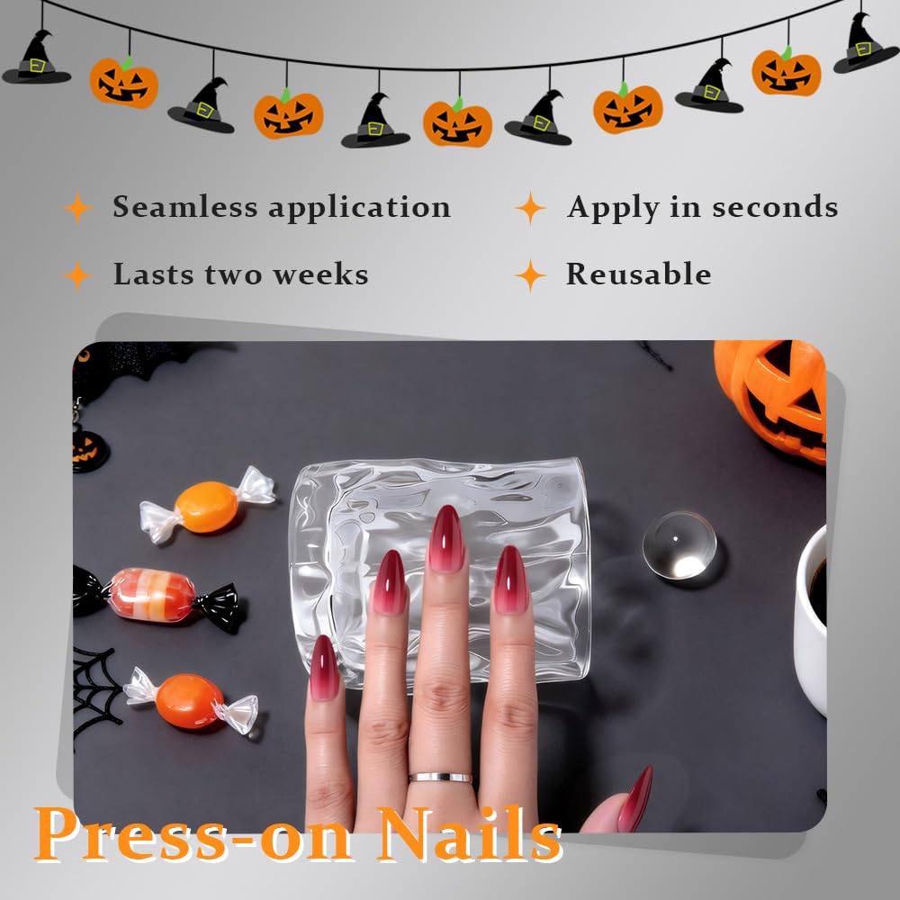 evpct Press on Nails Short Almond Ombre Design, Blood Red Ombre Glossy Artificial Acrylic Fake Nails Reusable with Kits Kit, Perfectly Fit Stick on Full Cover Soft Stick on False Nail for Women Girls
