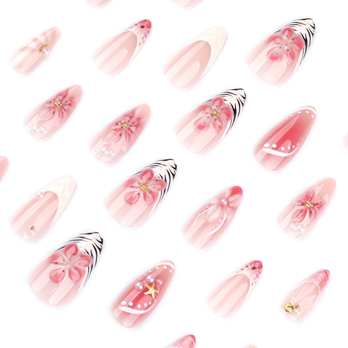 XZMeiLun 3D Pink Flower Press on Nails Medium Almond – White French Pear Designs, Acrylic Reusable Fake Nails with Adhesive Tabs Glue, Salon Quality Nail Press Ons - 24Pcs Nail Kit for Women Manicure