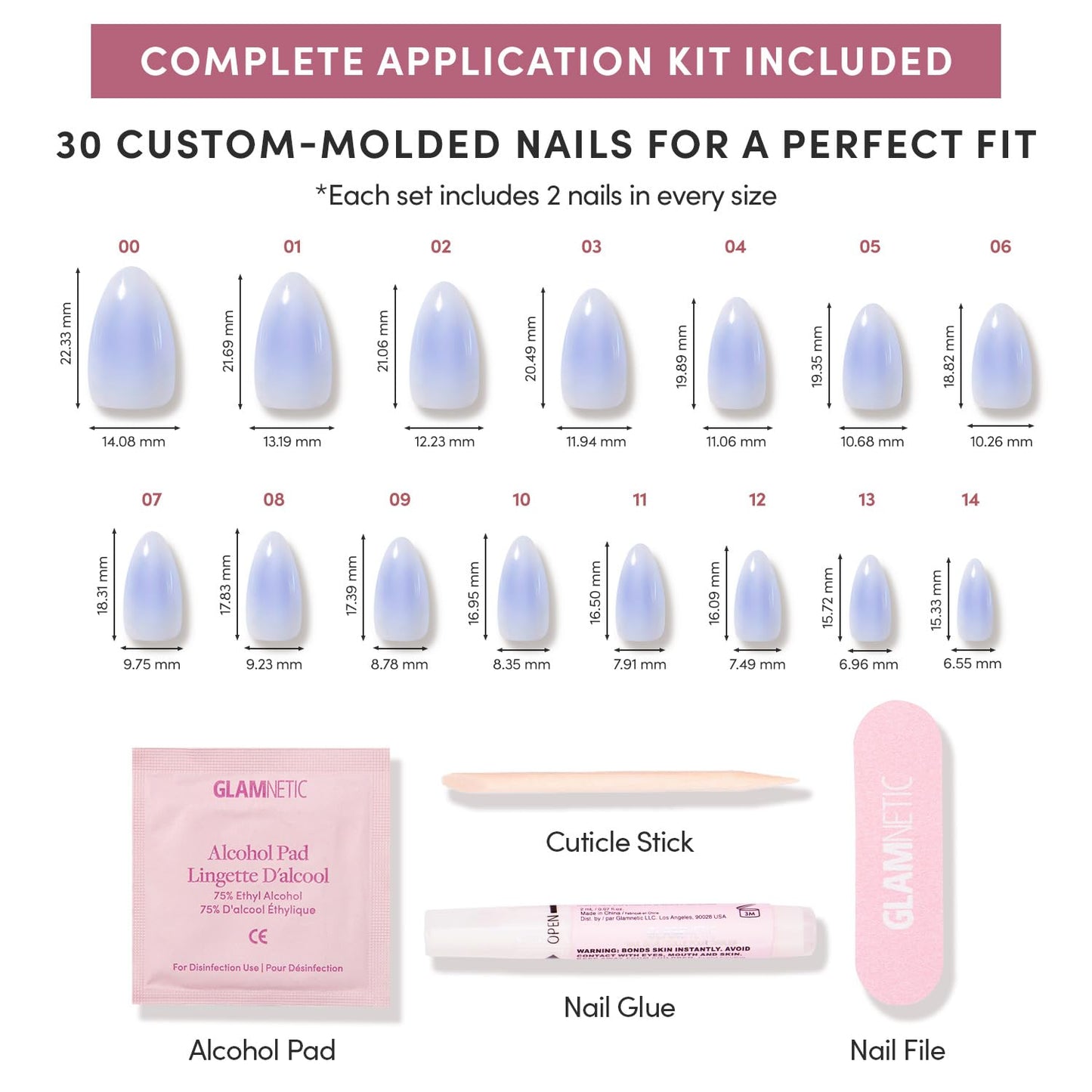 Glamnetic Press On Nails - Short Almond Fake Nails, Milky White Nails with Blue Aura Glazed Finish, Sky Berry | 15 Sizes - 30 Nail Kit with Glue | Gift for Mom