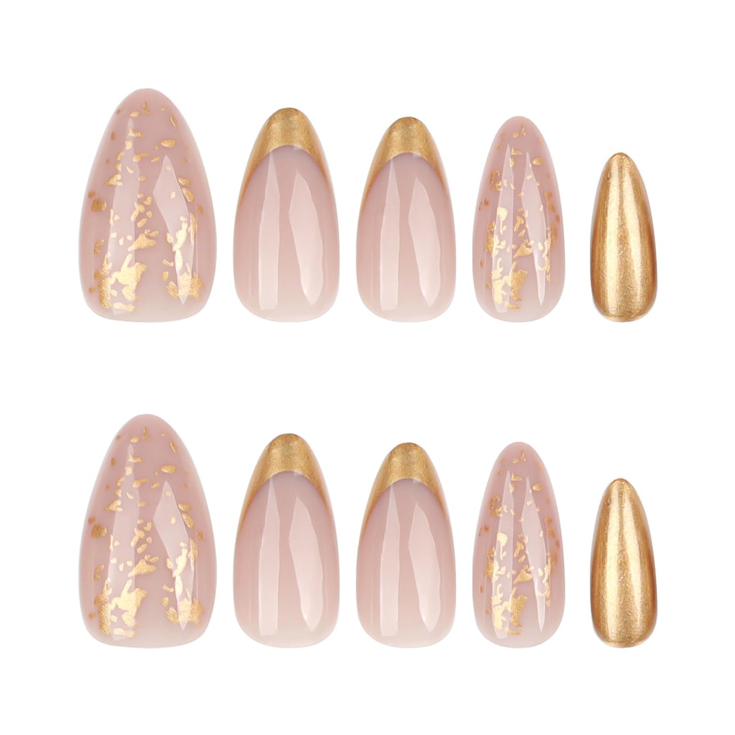 Short Almond Press on Nails with Designs French Tip Gold Nude Pink Fake Nails Press ons Acrylic Nails False Full Cover Artificial Stick on Nails for Women Girls 24 Pcs