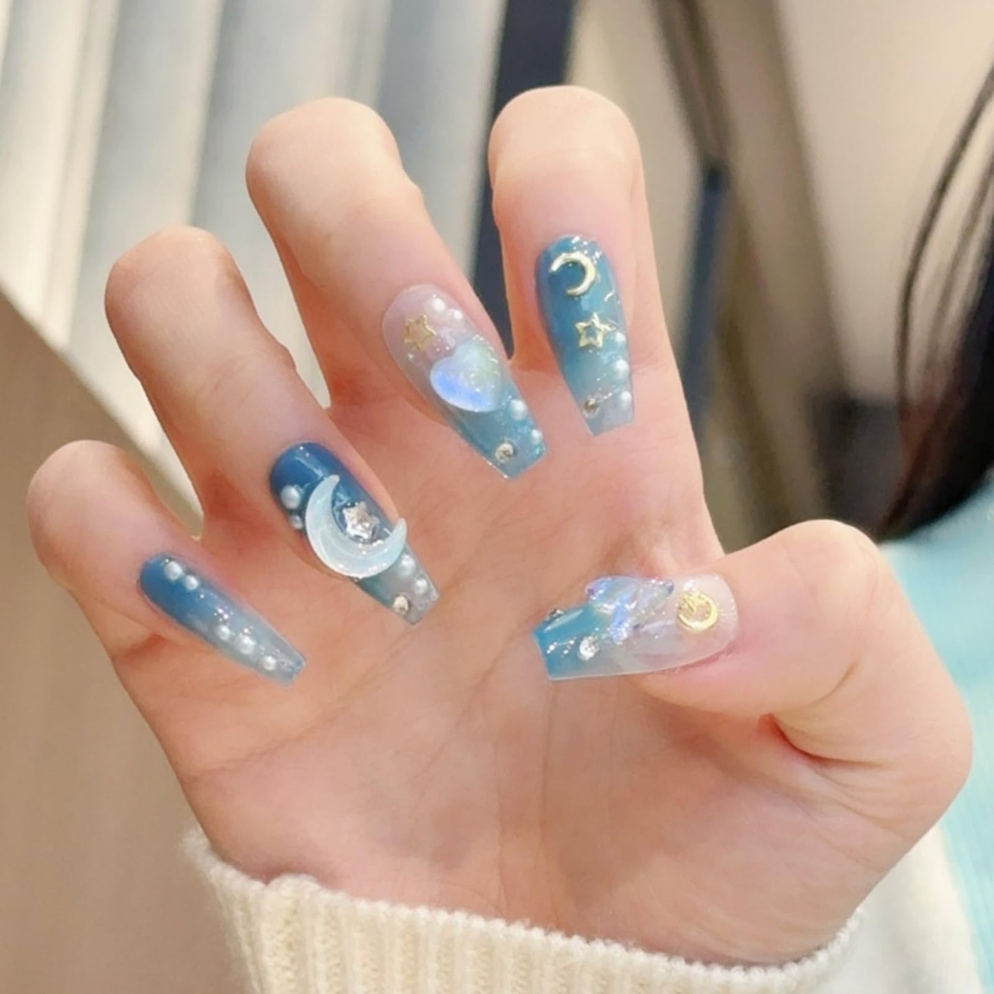 RENBING handmade press on nails short coffin,fake nails with designs,10 pcs high hardness acrylic nails press ons,3d cute false nails for women-Mermaid Ocean(M)