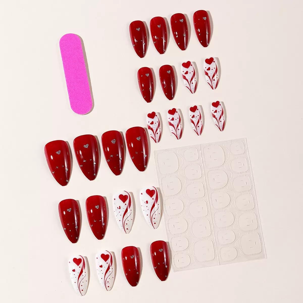 CTTHNBD Press on Nails Red - Medium Almond Fake Nails with Heart Design - Glossy Glitter Stick on False Nails - for Women 24 Pcs