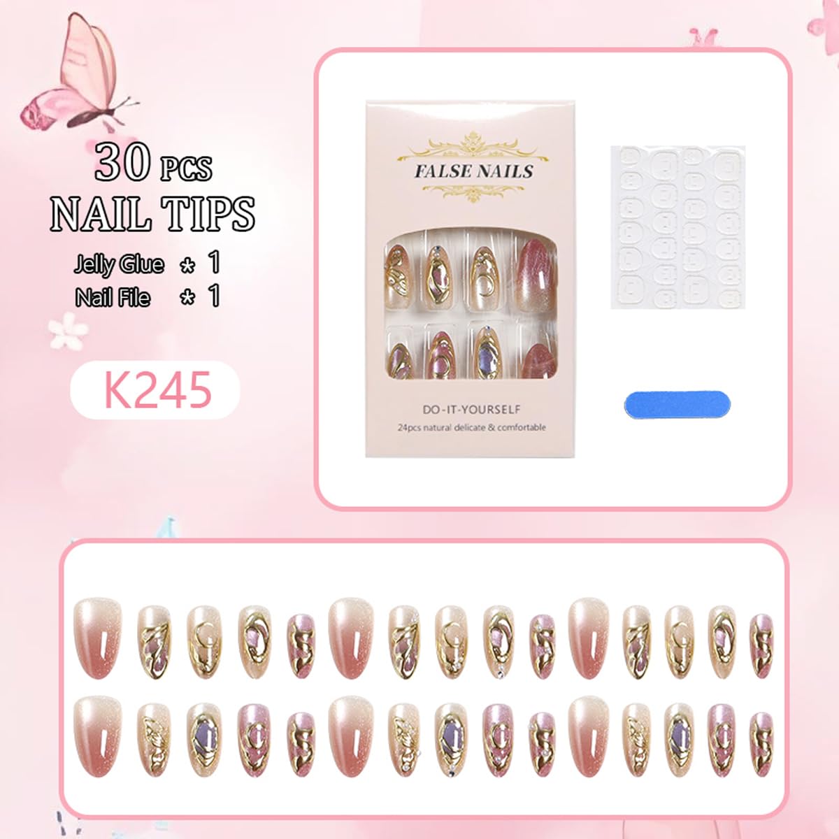 30Pcs Medium Almond Press on Nails Butterfly Nails Press on with Gold Metal Line, Cat Eye & Pearl Design Rhinestone Fake Nails Glitter Glue on Nail Full Cover Stick on Nail for Women Manicure