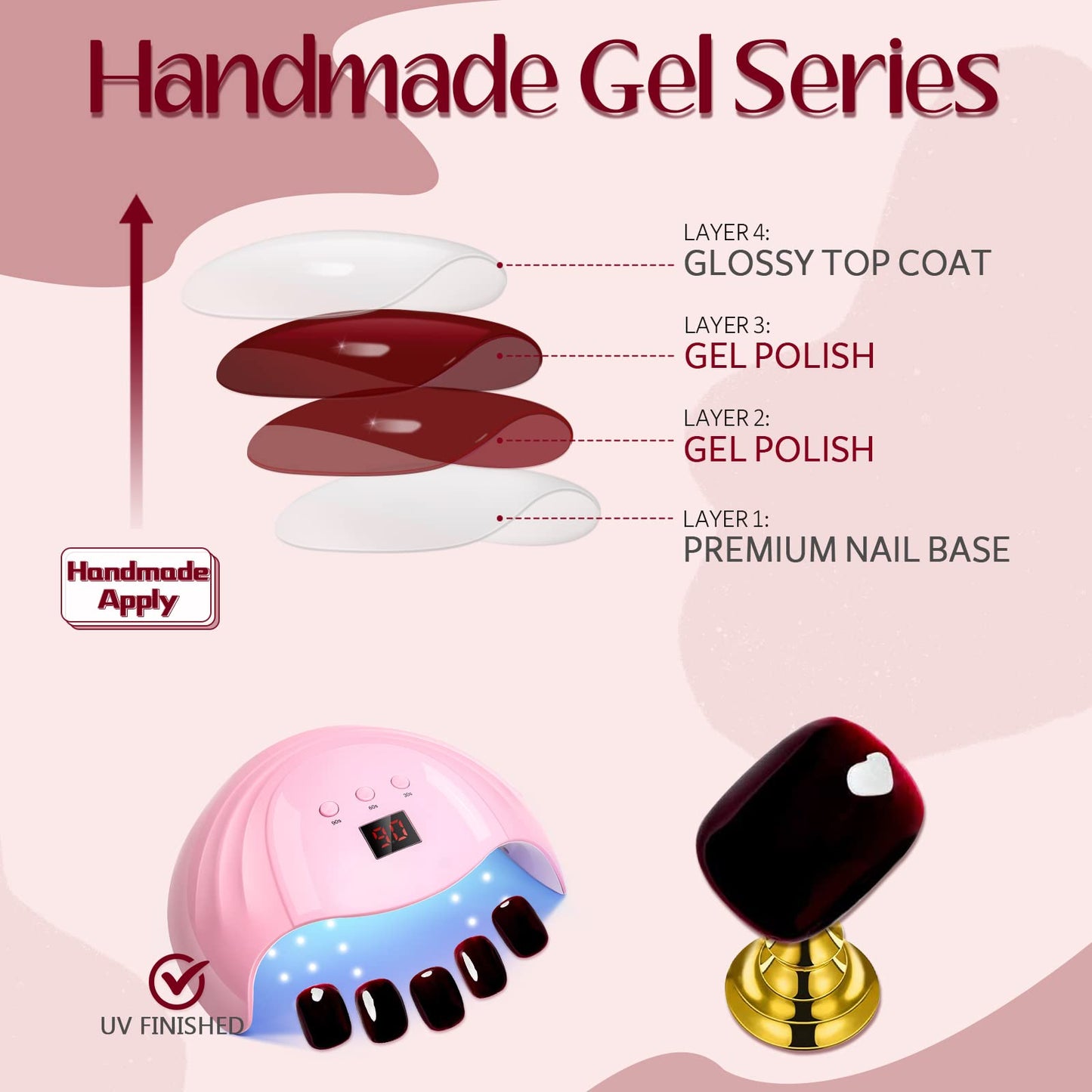 GLAMERMAID Nude Pink Press On Nails Short Almond, Handmade Jelly Soft Gel Nails Round Oval Fake Nails, Soft Jelly Gel Nail Tips Deep Burgundy Round Fake Nails, Natural Deep Red Stick Glue on Nails