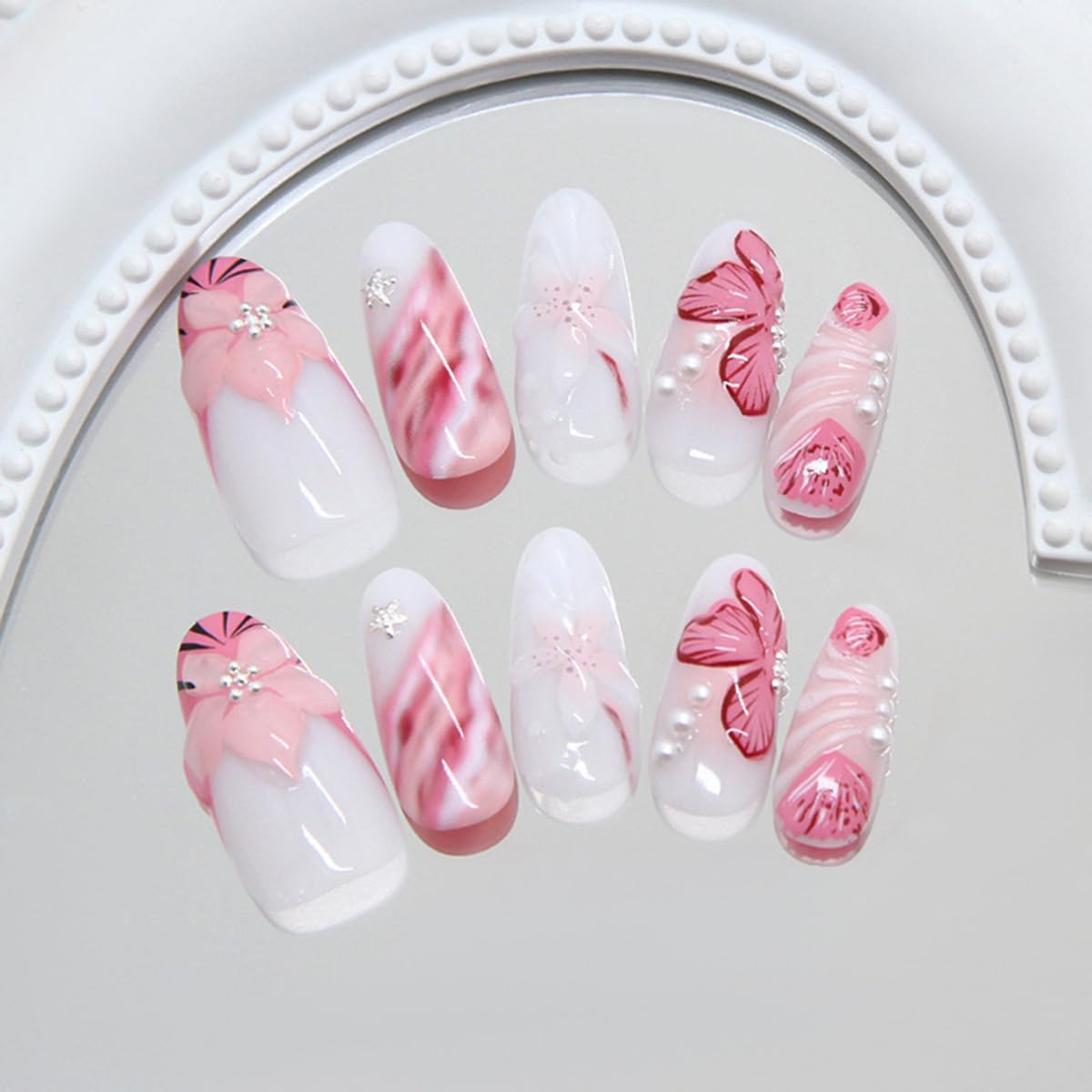 30Pcs Spring Flower Press on Nails Medium Almond Fake Nails Nude White False Nail Tip Kit 3D Floral Pearl Design Sparkly Glossy Glue on Nails Full Cover Acrylic Valentines Stick on Nail for Women