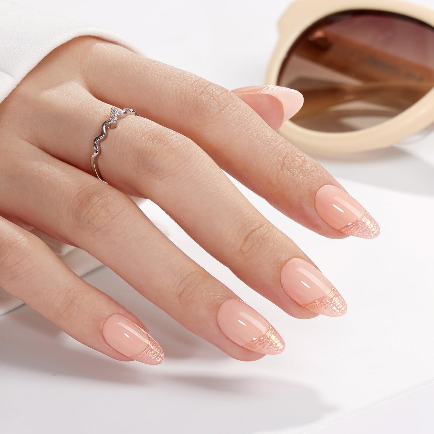 Press-On Nails - Short Almond French Tip Nude Pink Fake Nails, 32 PCS in 16 Sizes, Reusable Nail Kit with Long-Lasting UV Glue, Adhesive Tabs, Nail Glue & Nail Glue