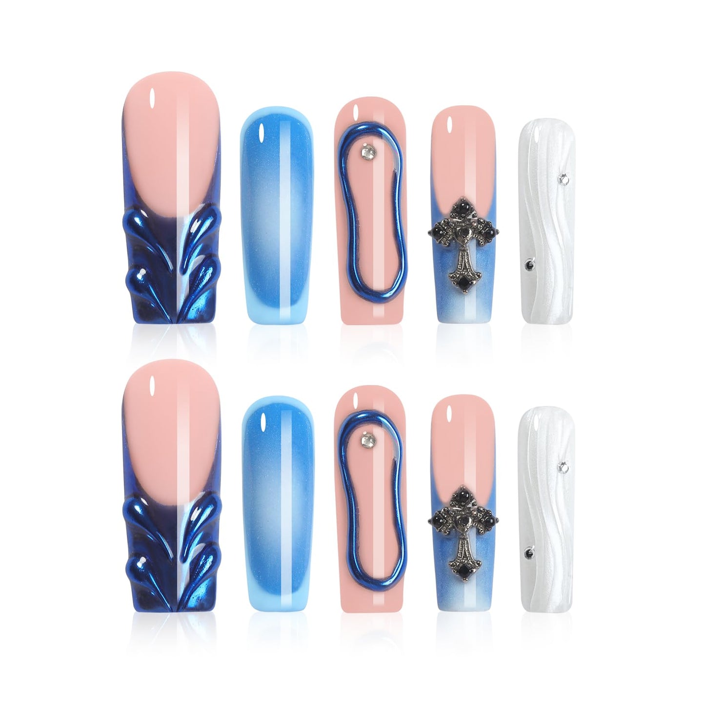 HOMSERA Blue Handmade Long Square Press on Nails XL French Tip Fake Nails with 3D with Cross and Circle Decoration, Reusable Full Cover Acrylic Fake Nails for Women