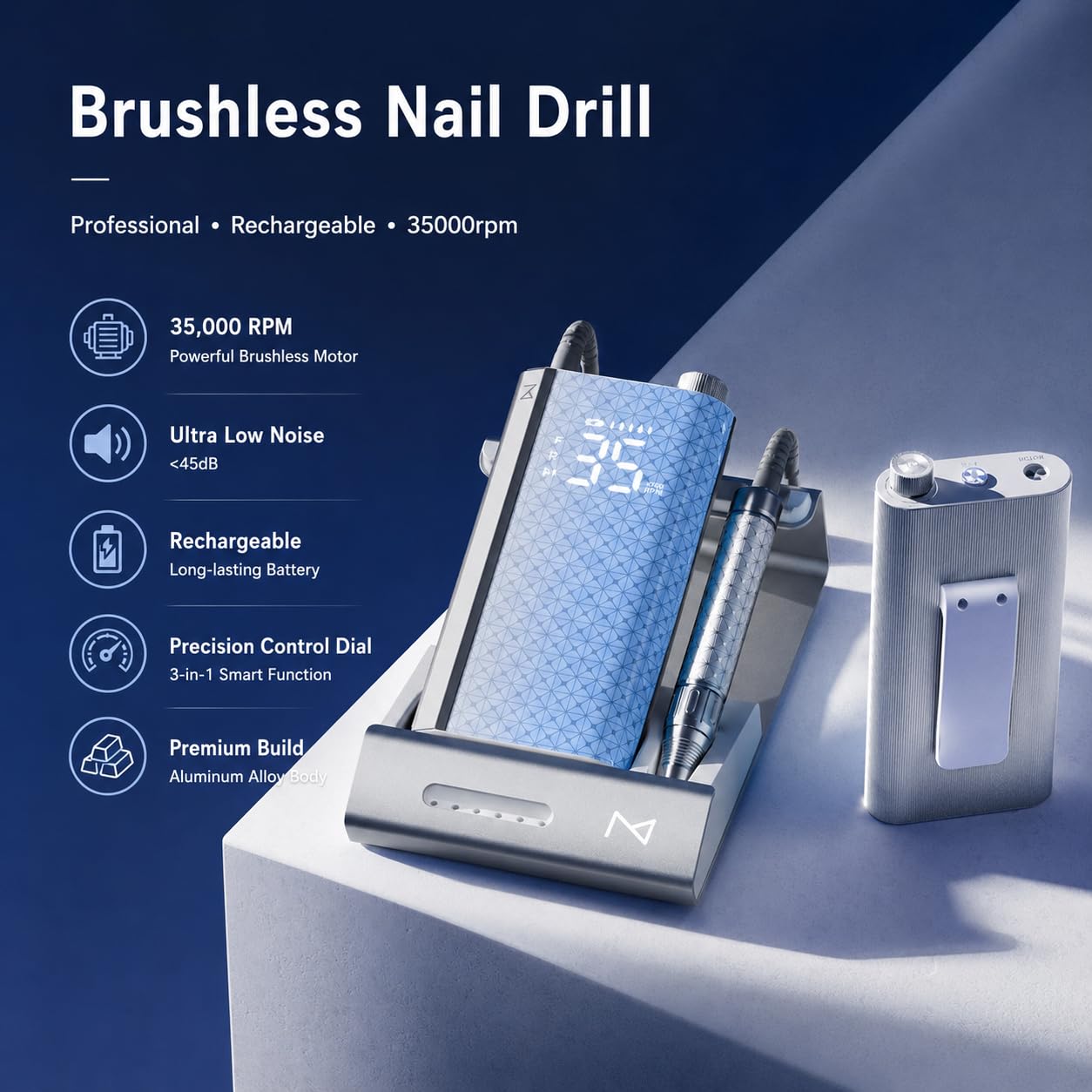 M Pro Spin Nail Drill 60W Brushless Motor 35,000 RPM, Cordless Rechargeable Electric Nail File, Professional E File Machine for Acrylic Gel Nails, Low Noise Portable Salon Use – Pink