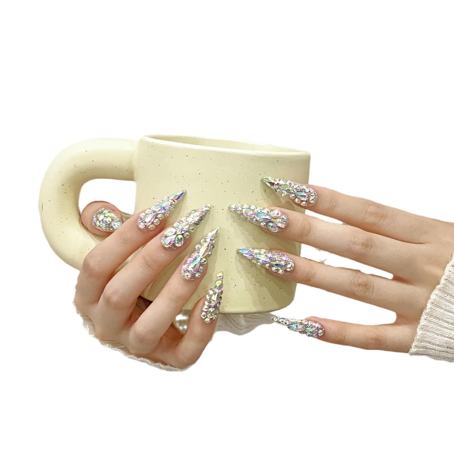 NLSJMP 3D Handmade Long Stiletto Press on Nails Almond Acrylic Fake Nails Kit,Rhinestone Luxury glitter Design Nail Art Kit,Reusable False nails,Include Toolkit,10Pcs,Size S,#986