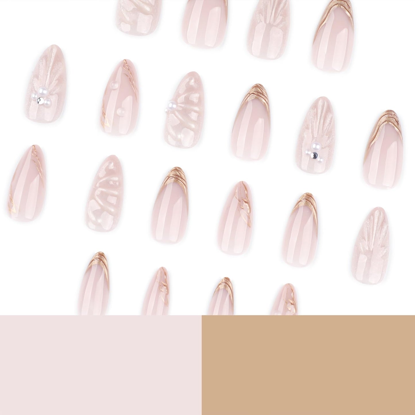 3D Press On Nails Soft Gel Reusable, 24PCS Luxury Pearl Sculpted Almond Fake Nails, Gold French Tips Artificial Nails, Glue-On Nails for Women, Acrylic Look, Salon Quality