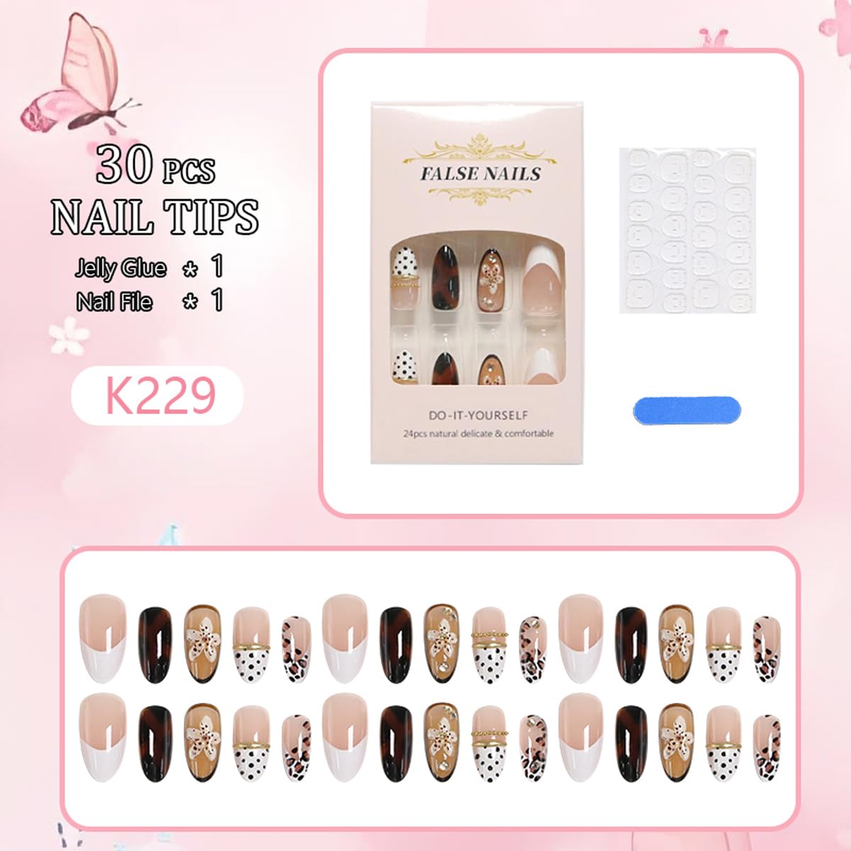 Brown Press on Nails Medium Almond Nails Press on with 5D Flower, Polka Dot & Tortoiseshell Design French Tip Fake Nails Leopard Print Glue on Nail Reusable Fall Summer Nail for Women Manicure 24Pcs
