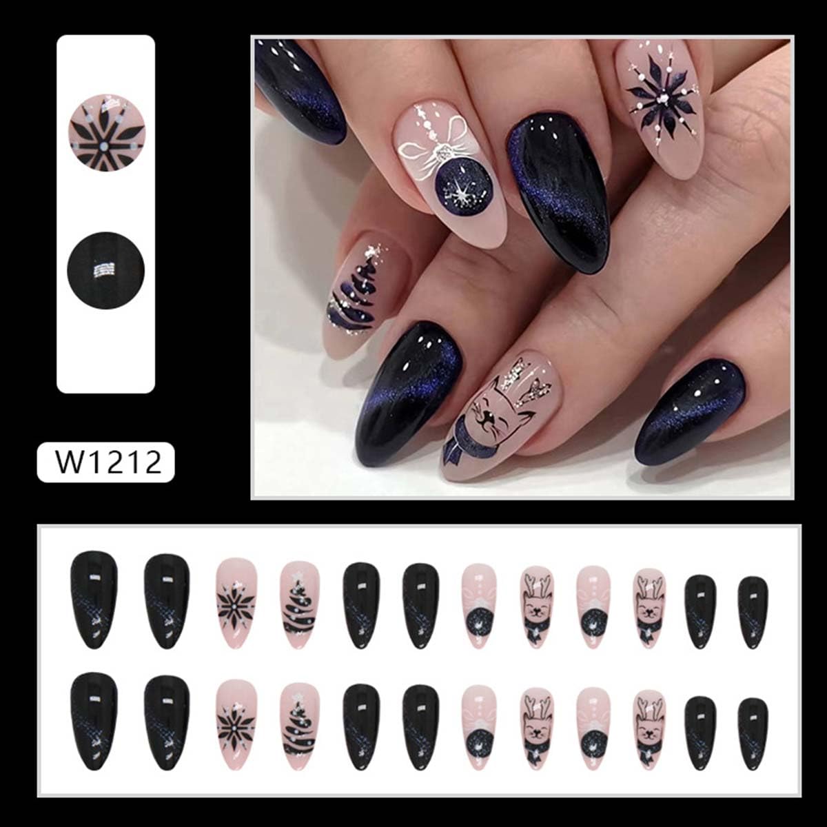 Winter Xmas Press on Nails Medium Almond Fake Nails Black Christmas Nails Press ons with Snowflake,Xmas Tree Design,Reusable Artificial Nail Full Cover Stick on Nails for Women Manicure 24 Pcs