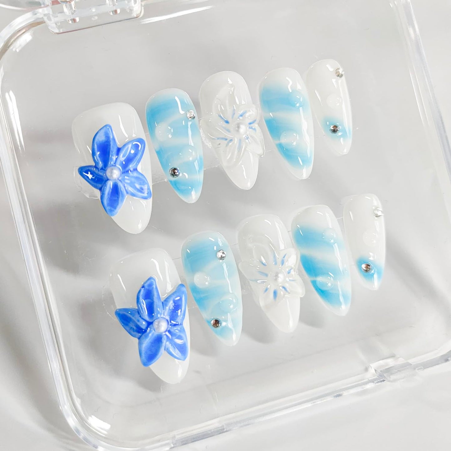 Handmade Nails Almond Press on Nails Medium Length 3D Floral Thick Acrylic Fake Nails Blue&White False Nails with Rhinestones Pearls Designs Summer Nail Art Press on Nails 10Pcs(M)