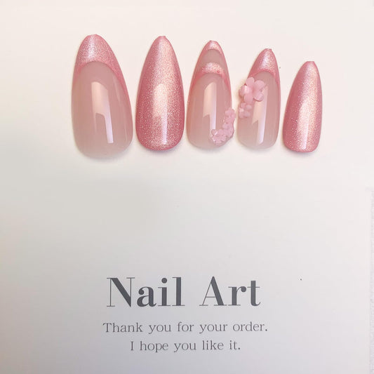 Medium Press on Nails Almond Fake Nails Pink Glitter Acrylic False Nails with Deigns Sakura Flower Glue on Nails Press ons French Nails Decorations for Women Girls 24Pcs