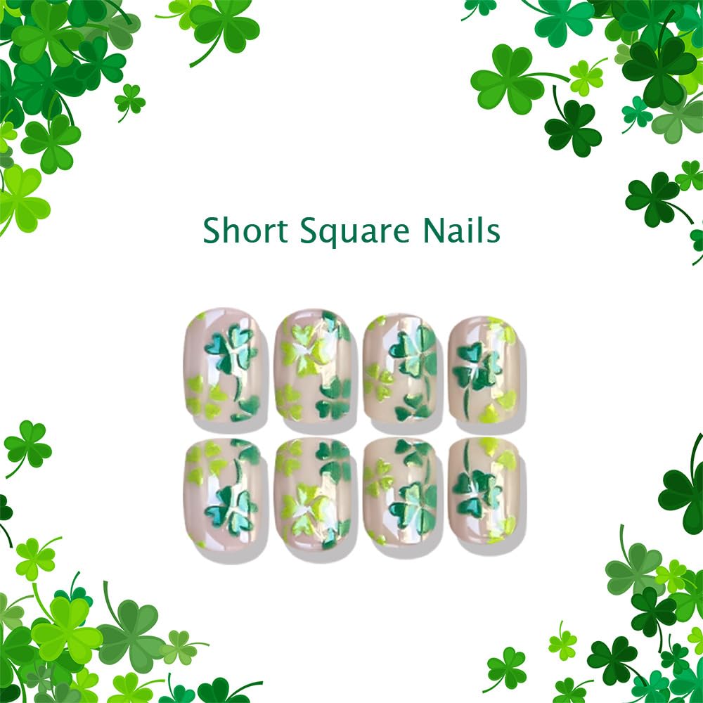 St. Patrick Press on Nails Short Square Green Fake Nails with Four-Leaf Clover Designs Glossy Full Cover Stick on Nails Spring Reusable Acrylic Nails Cute False Nails for Women Girls Manicure Kit