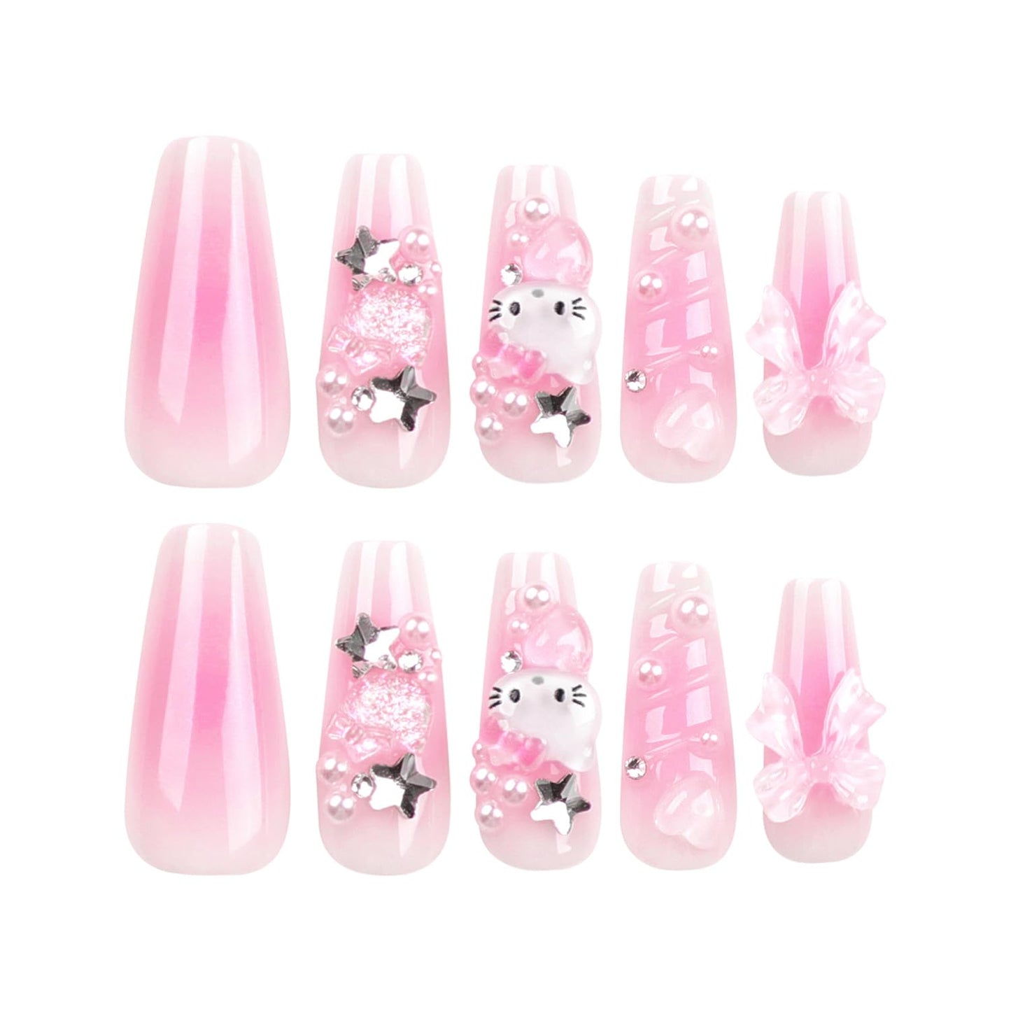 24Pcs Pink Press on Nails Long Coffin Fake Nails with Cute Rhinestones Designs 3D Bow Acrylic Nails Full Cover Cute Cartoon False Nail Set Diamond Star Bow Stick on Nails for Women