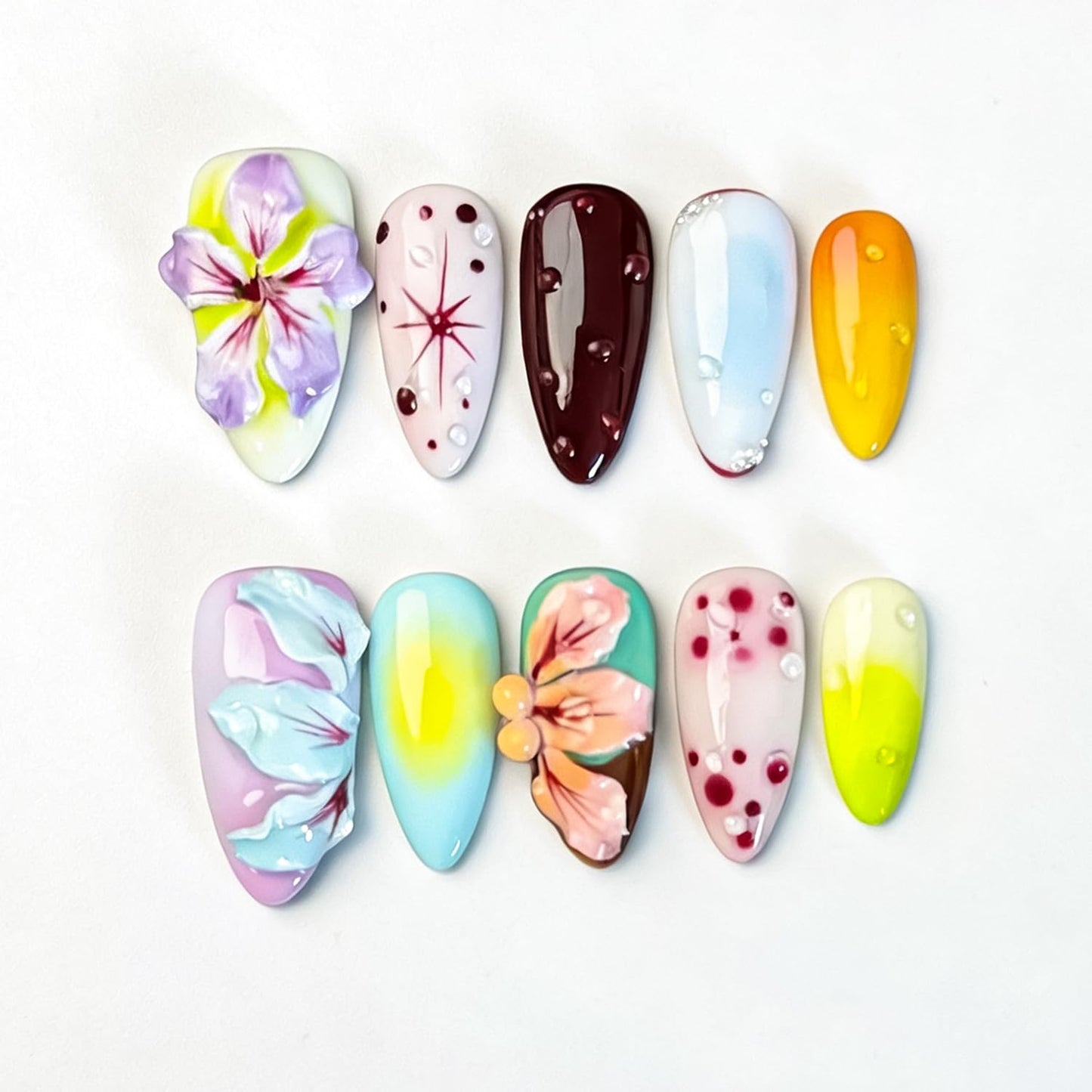 RIICFDD Handmade Press on Nails Medium Almond Thick Acrylic Nails,Tropical Flower Art Fake Nails with Water Droplet Pattern Designs Nature Stick on Nail False Nails for Wome (Size S)
