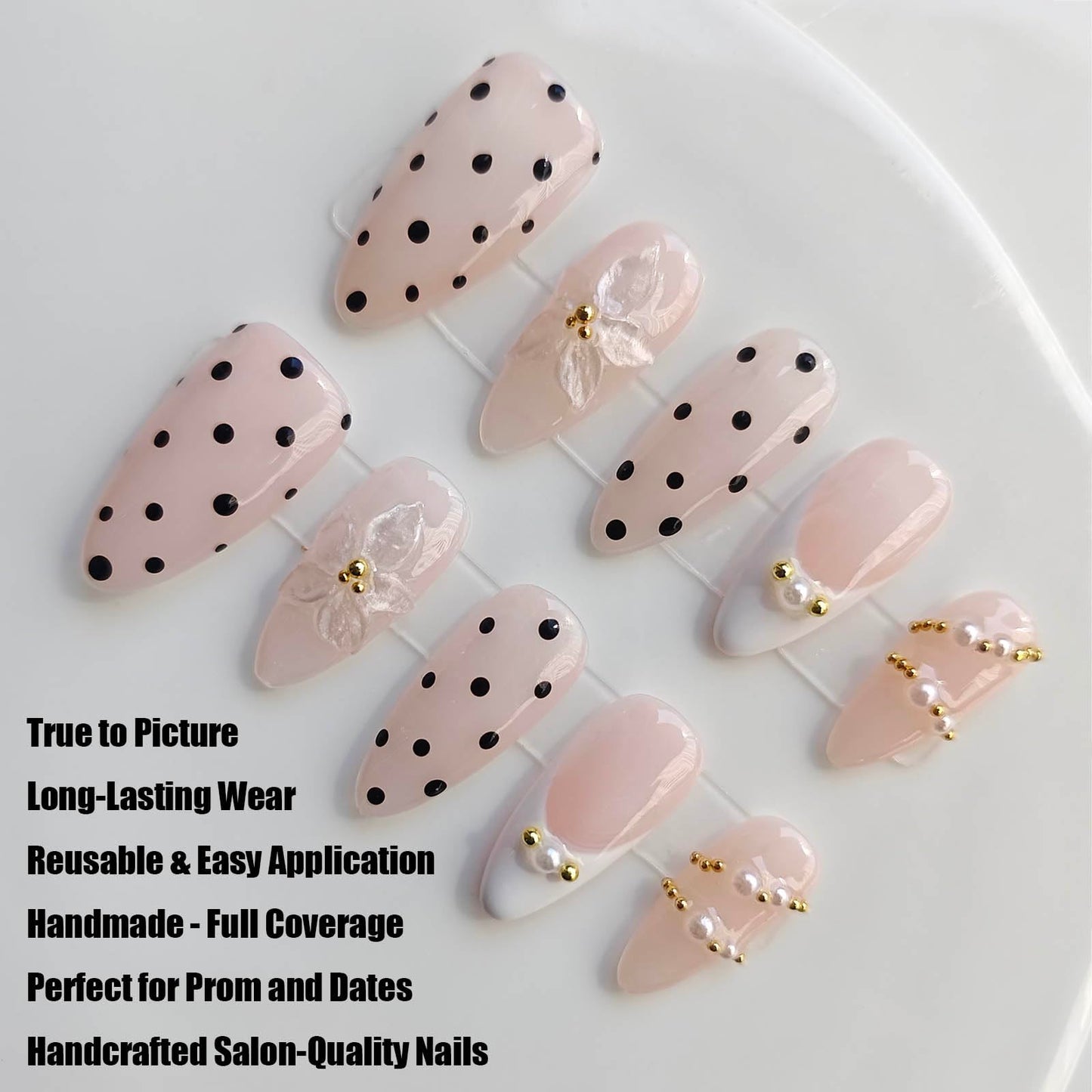 Gleamrain 10pcs Almond Handmade Press-on Nails, Medium French Tip (M Size) - With Flower and Polka Dots Design, Pink,Suitable for Women Girls for Daily, Parties, Holidays and Proms,D201