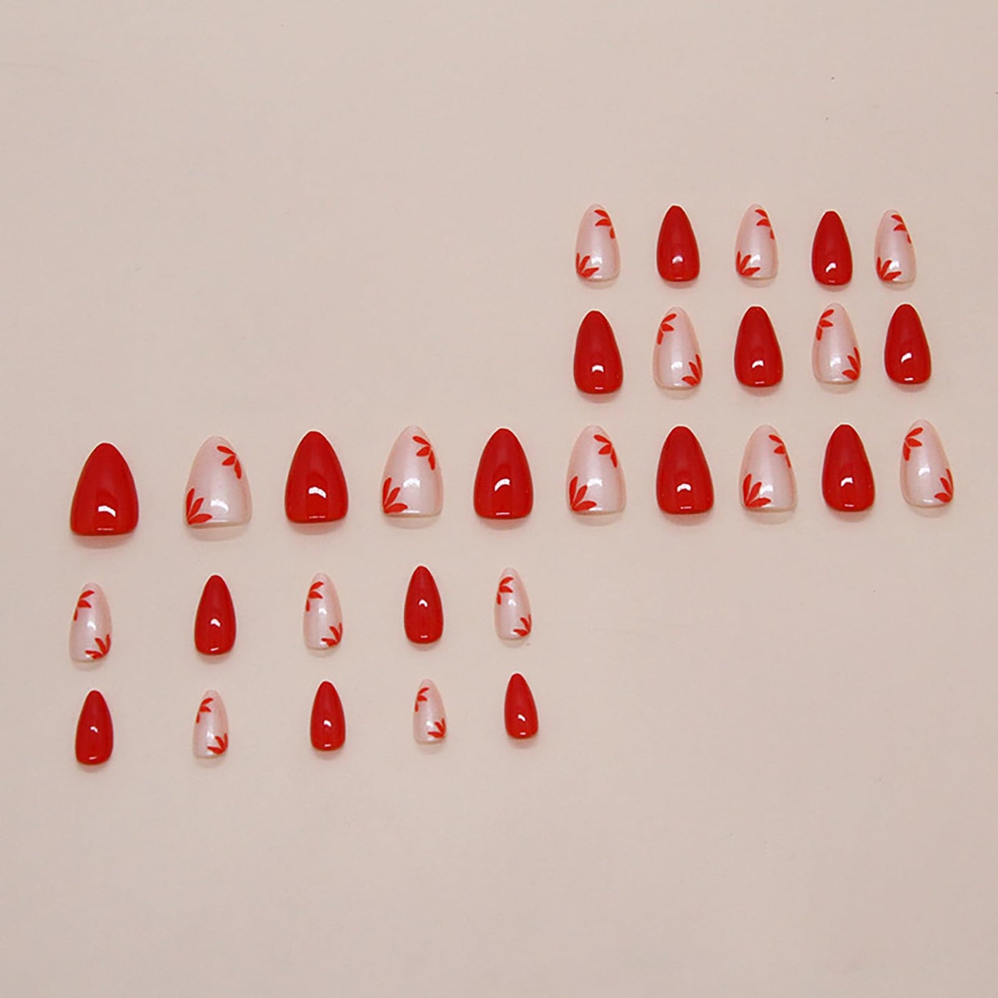 Short Almond Press on Nails Oval Red Pink Flower Fake Nails Press ons Acrylic Nails False Glossy Christmas Artificial Full Cover Stick on Nails for Women Girls 24 Pcs
