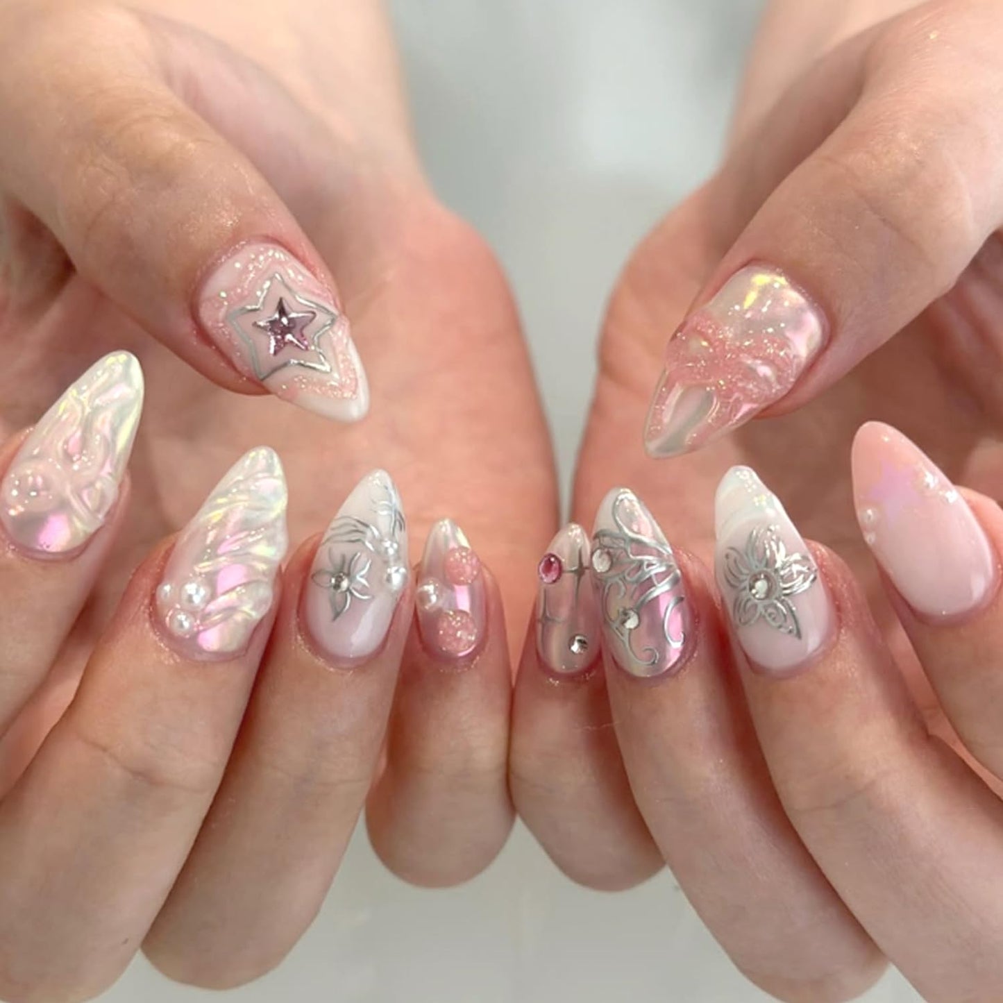 French Tip Press on Nails Medium Almond Star Bow Flower Fake Nails with Rhinestone Designs Pink Glitter Stars Bows False Nails Full Cover Artificial Glue on Nails Handmade Stick on Nails for Women