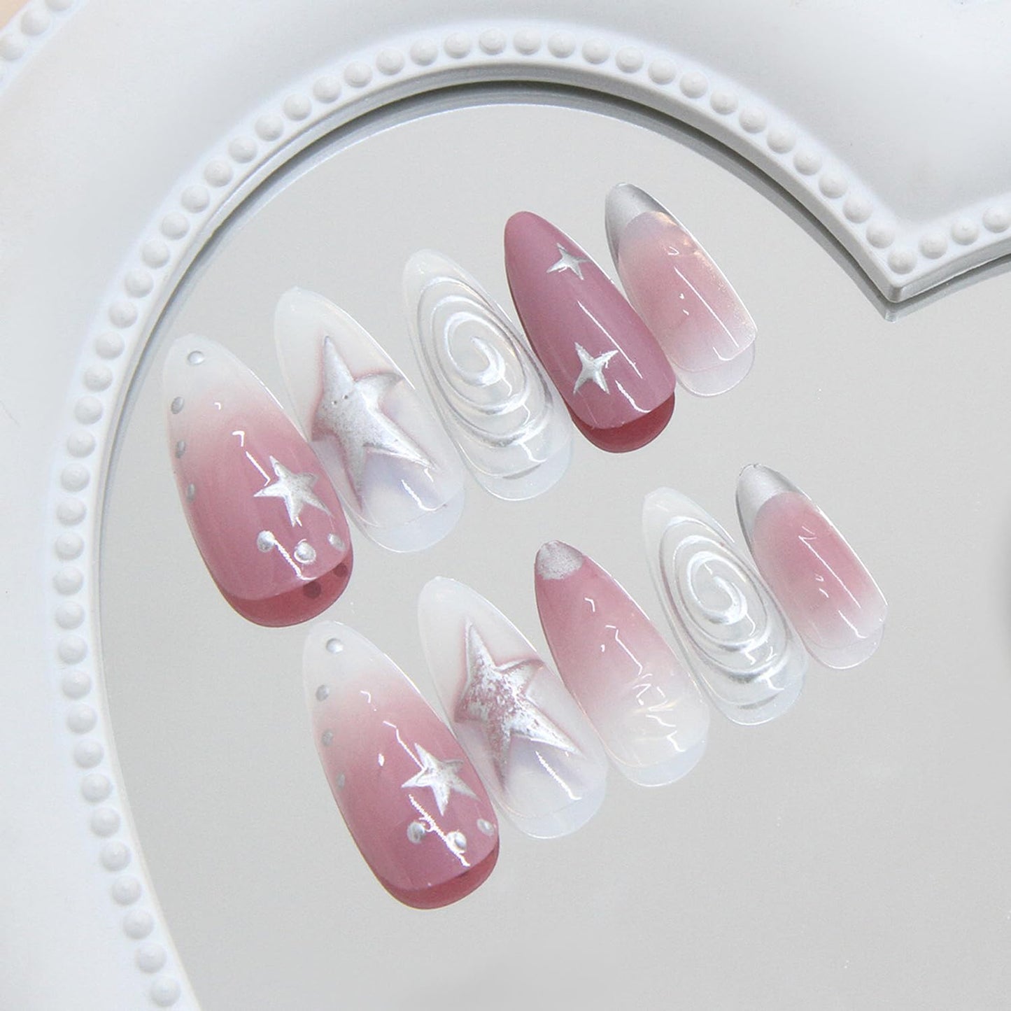 24Pcs Pink Press on Nails Medium Almond Fake Nails with Irregular Silver Star Designs Stick on Nails French Tip Nails Reusable Acrylic Nails Full Cover Artificial Glue on Nails for Women Nail Supplies