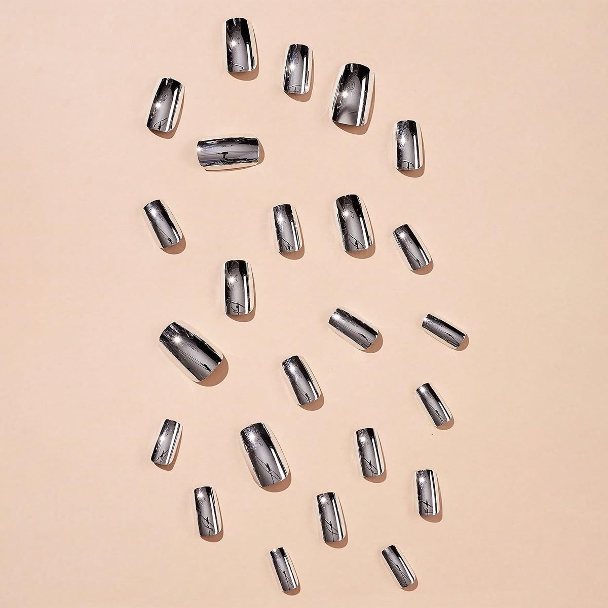 Silver Press on Nails Square - Medium Fake Nails with Chrome Design - Solid Color Full Cover Stick on False Nails - for Women 24 Pcs