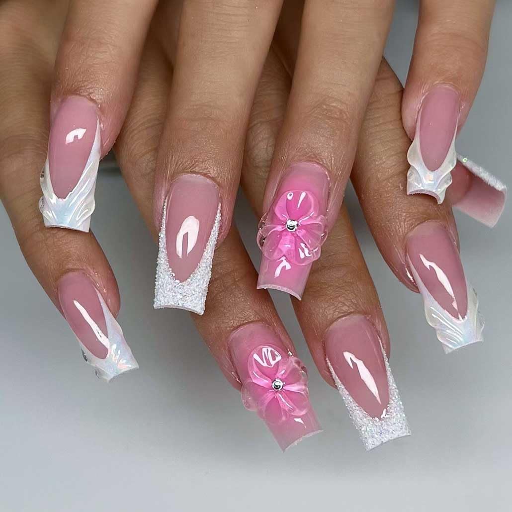 Foccna French Press on Nails Medium Long Pink Fake Nails Square Bling Glossy 3D Flower Design False Nail Tips Artificial Nails Finger Manicure for Women and Girls-24pcs
