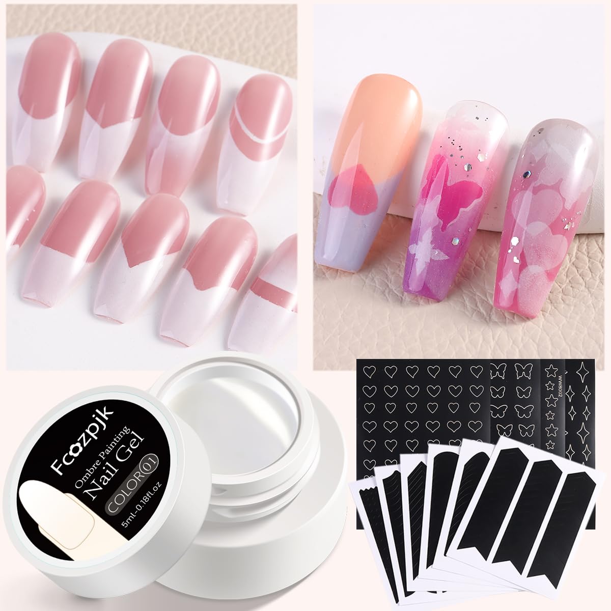 Ombre Gel Nail Polish Kit, 6PCS Colorful Painting Nail Gel Black White Pink Paint Gel for Nails Gradient Design Soak Off UV Pastel Nail Polish Set with Ombre Sponge Nail Brush French Tip Guide