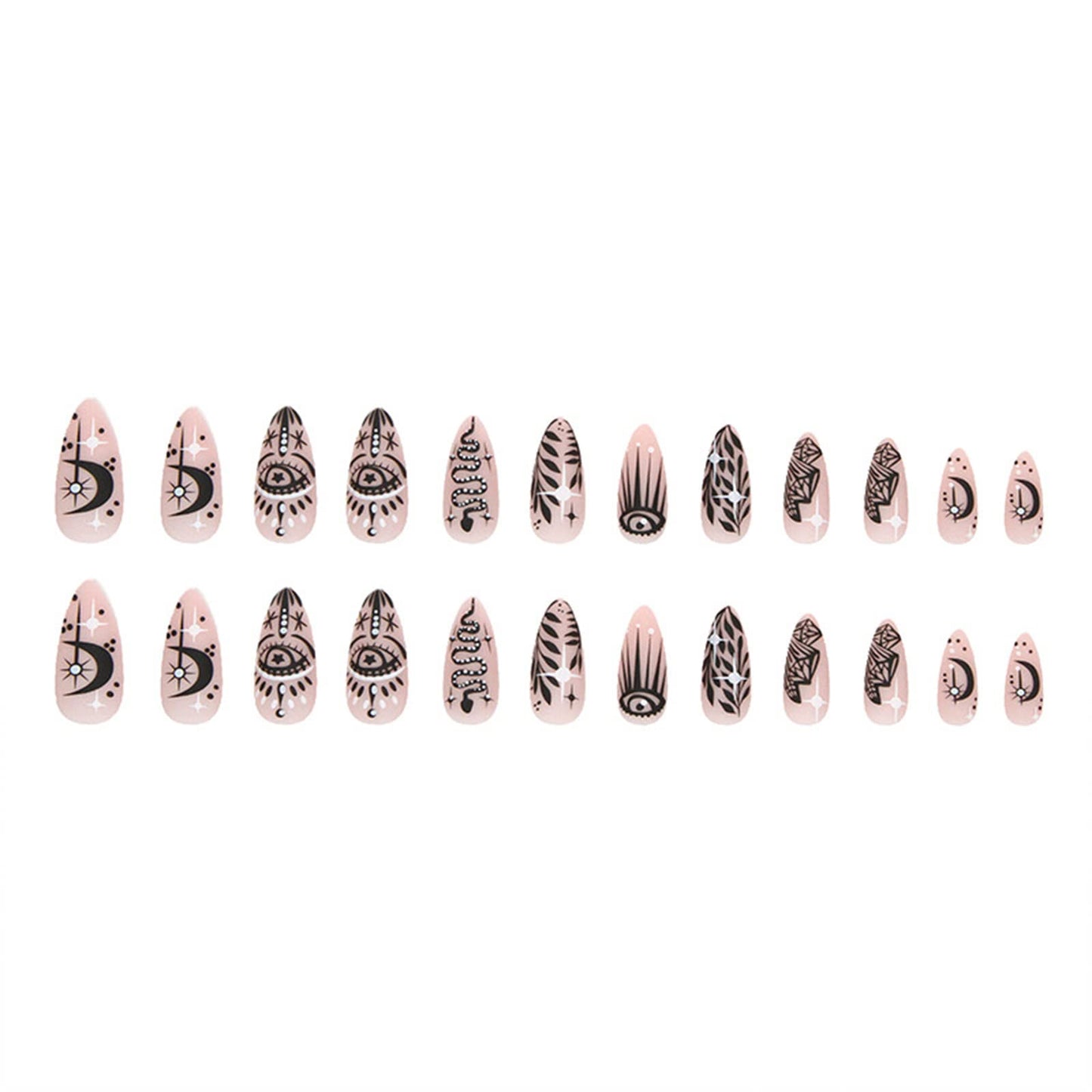 SINHOT Medium Almond Press on Nails Stiletto Fake Nails Glossy Glue on Nails Acrylic Nail Black Graffiti False Nail with Designs 24 pcs
