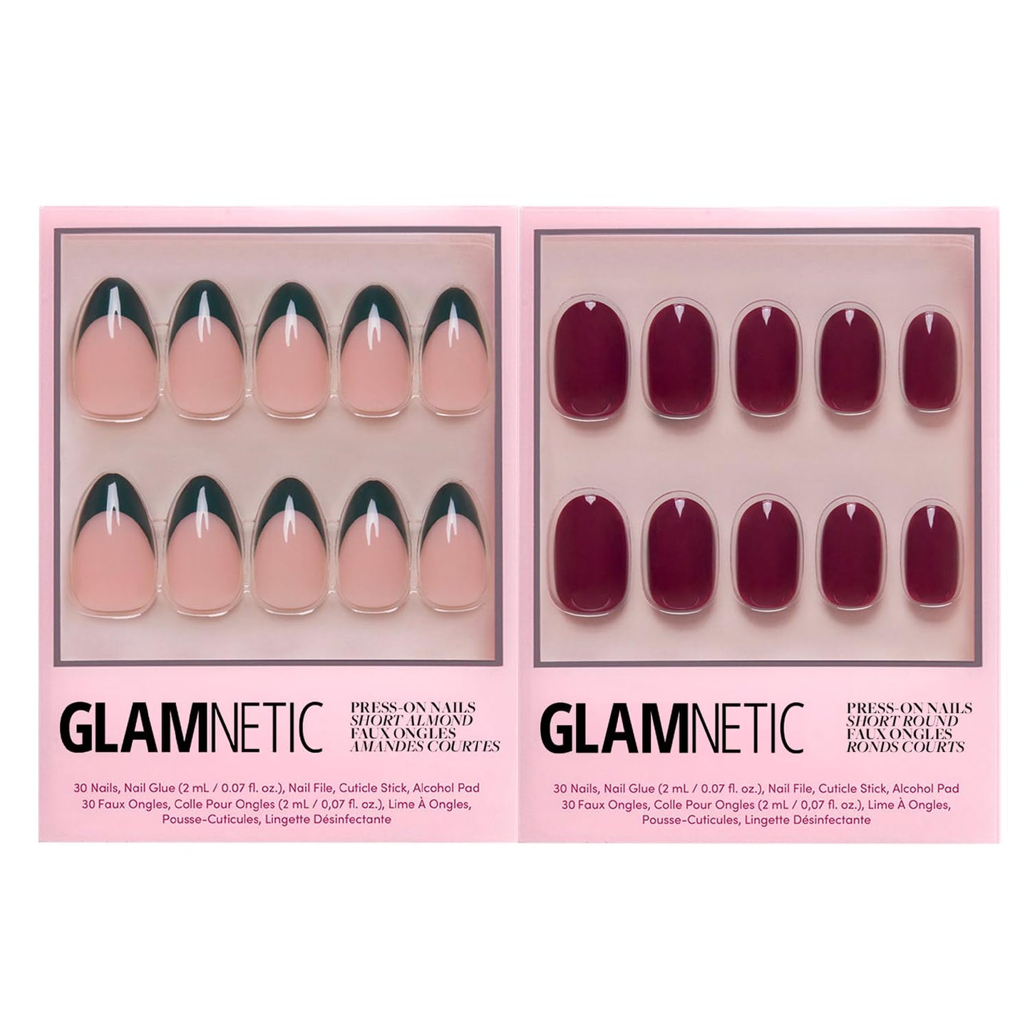 Glamnetic Press-On Nails Bundle - Château & Berry Maroon | Semi-Transparent Dark Green French Tip Short Almond False Nails | Dark Red Short Round Fake Nails | Reusable, Salon-Quality Nail Kits