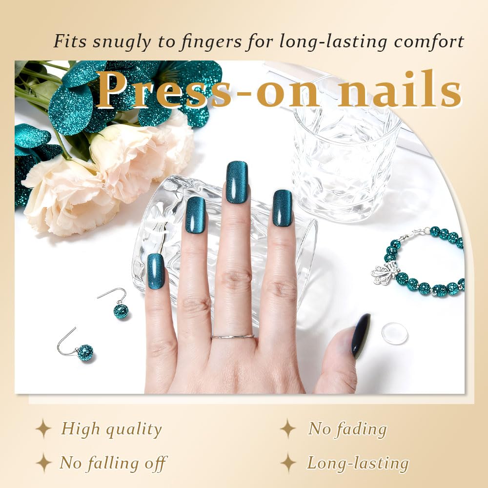 XZMeiLun Cat Eye Teal Green Press On Nails Medium Long Length Square, Designer Reusable Acrylic Fake Nail with 24 ps, Glossy Gel Nails Wedding Party, Stick On Glue On Nail, Nails Press Ons for Women
