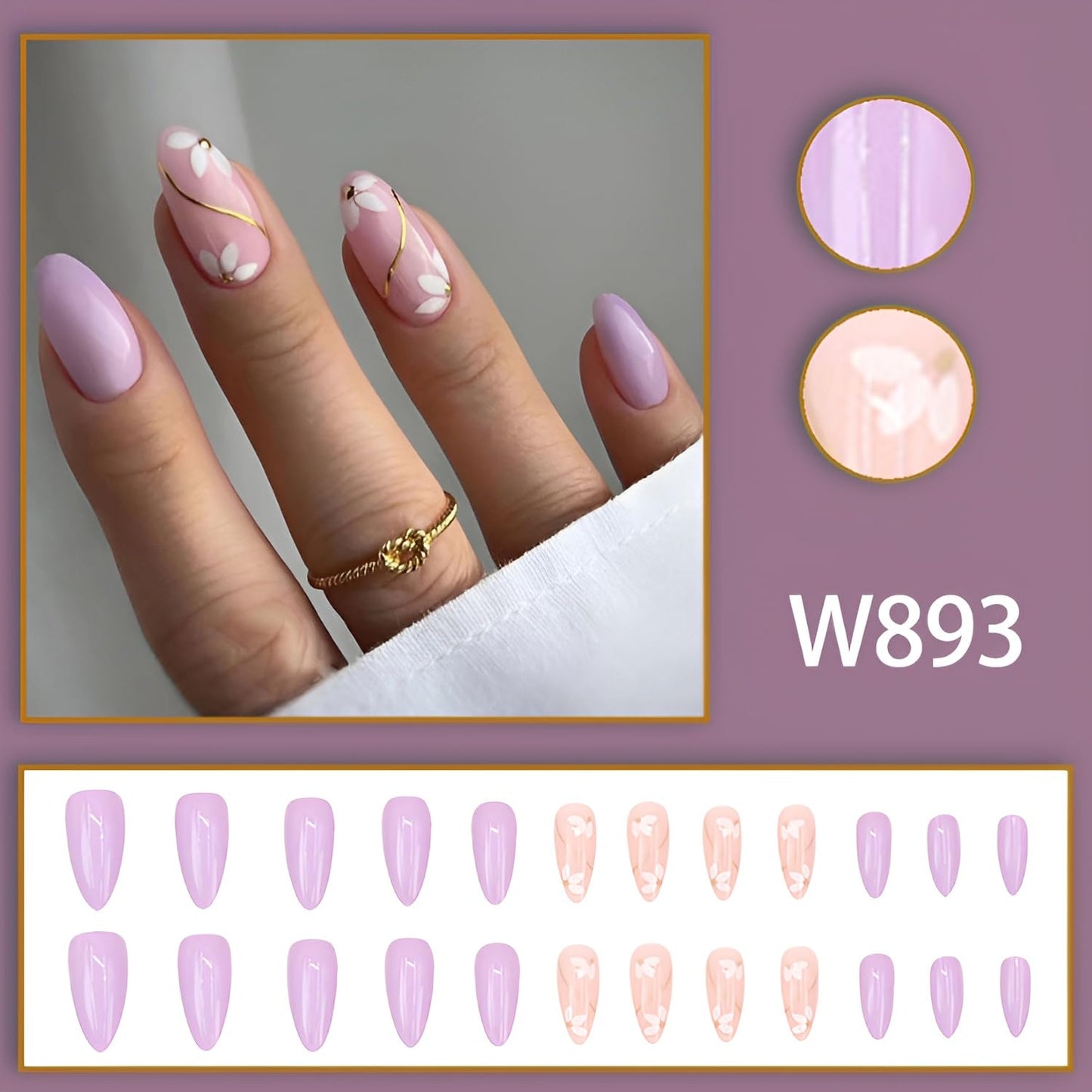 6 Packs（144Pcs）Flower Press on Nails Short Almond Fake Nails with Flower Design Summer Spring Nails Press ons Acrylic Nails Glossy Glue on Nails Full Cover Stick on Nails for Women Girls