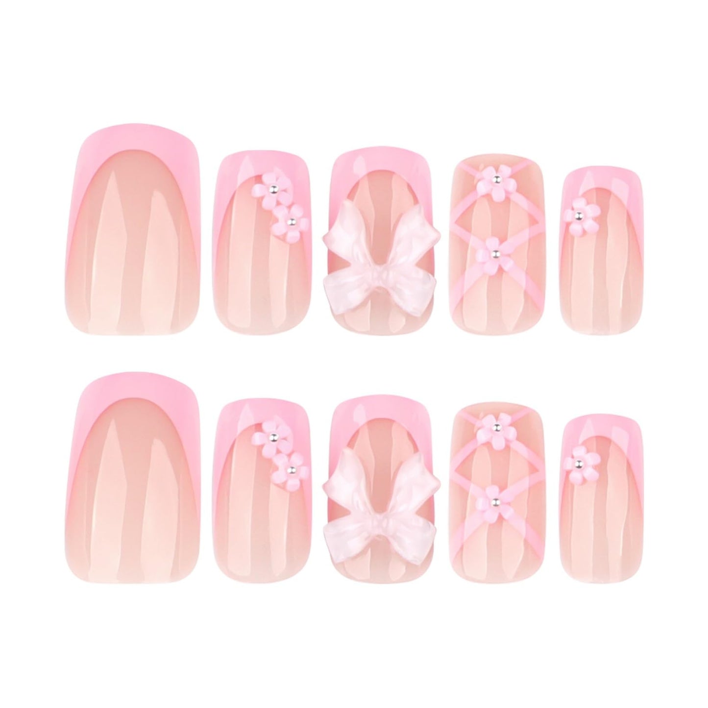 Pink Press on Nails Bow Fake Nails French Tip False Nail Press ons Glossy Full Cover Flower Stick on Nail for Women Manicure 24Pcs